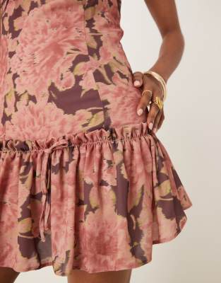 Asos Design Slash Neck Drop Waist Mini Dress In Pink