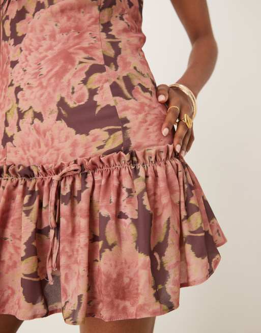 ASOS DESIGN slash neck drop waist mini dress in pink floral, 2 of 4