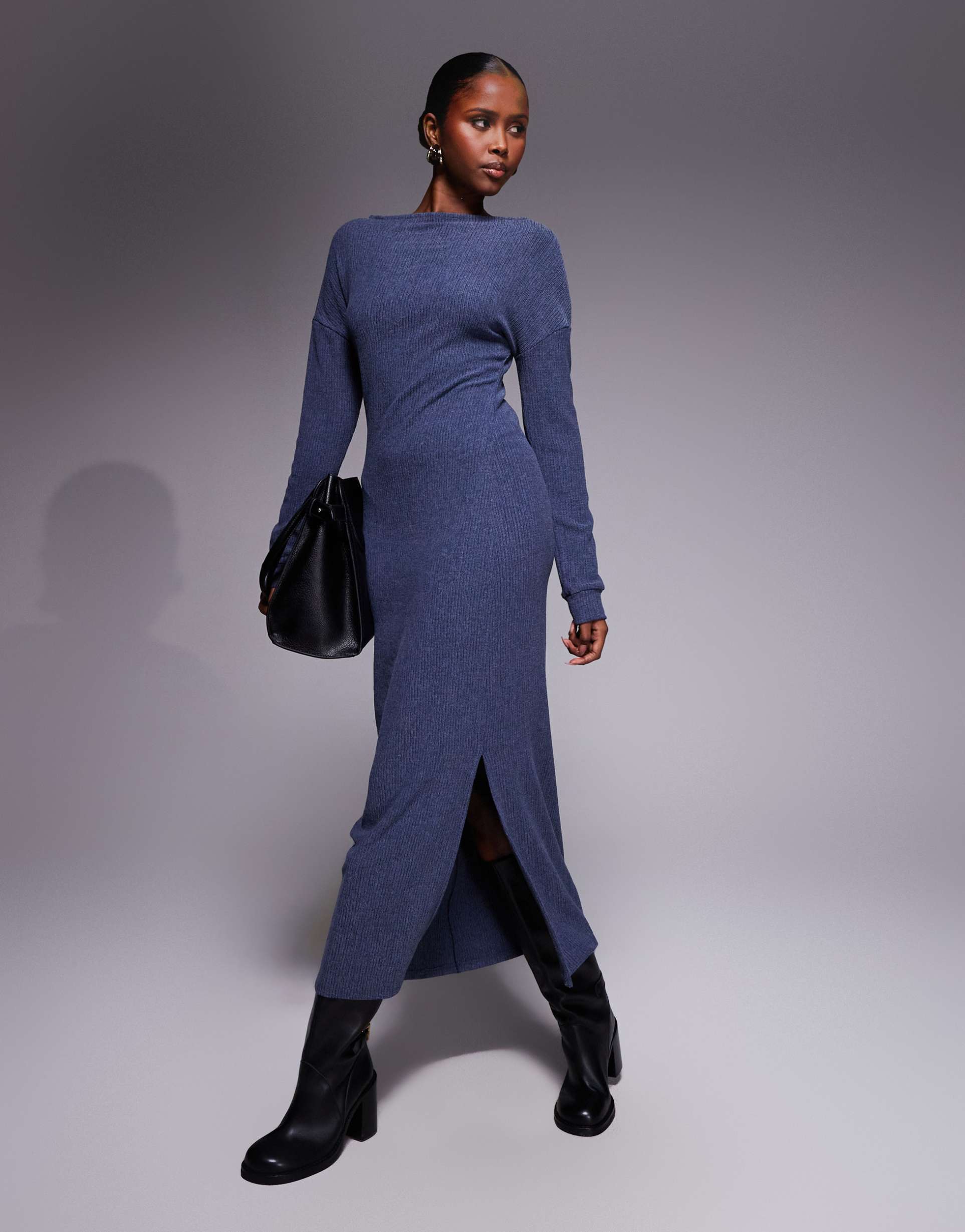 asos design slash neck dropped shoulder maxi in navy