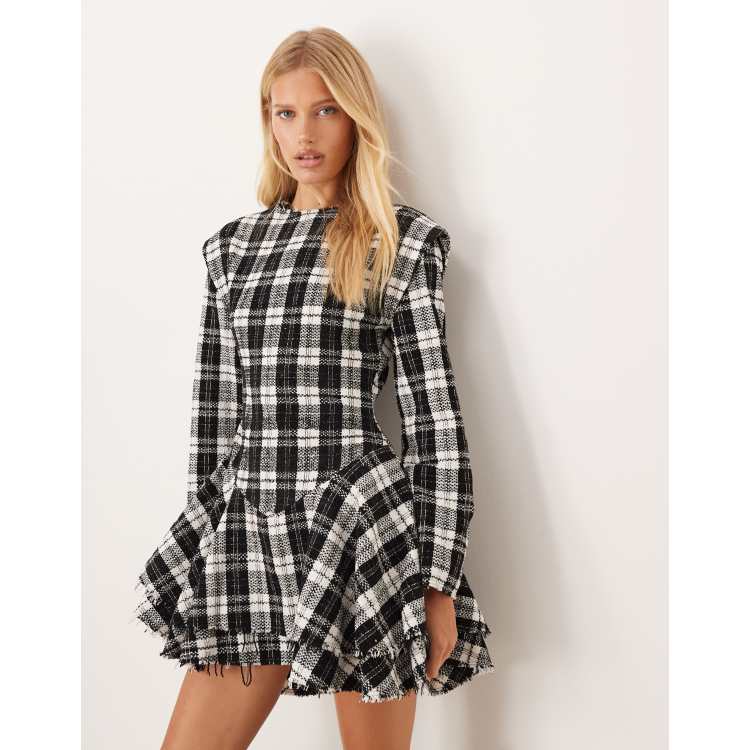 新品タグ付き　Checked Shirt Mini Dress　S ASOS DESIGN slash neck dropped waist mini dress with