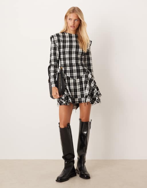 ASOS DESIGN slash neck dropped waist mini dress with distressed hem in check