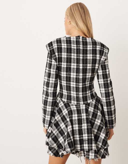 ASOS DESIGN slash neck dropped waist mini dress with distressed hem in check