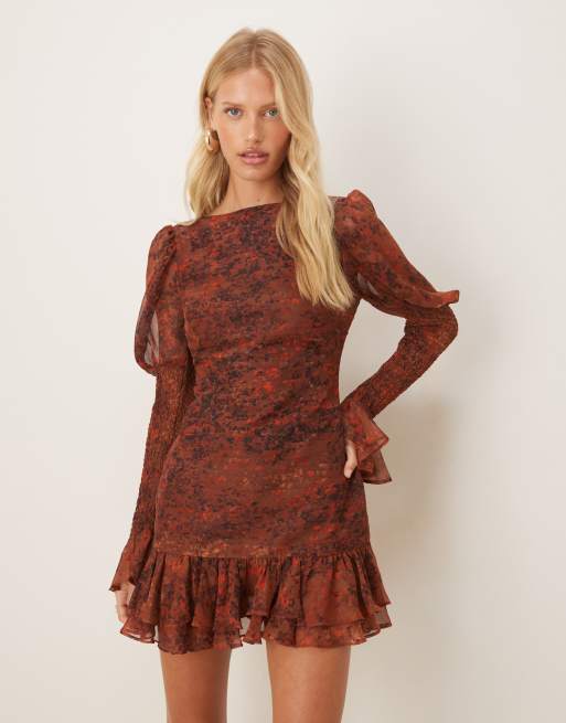 ASOS DESIGN slash neck dropped waist mini dress with shirred sleeves in red ditsy floral