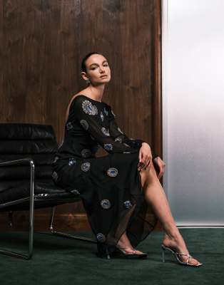 Asos Design Slash Neck Embellished Bias Cut Maxi Dress With All Over Motif Embellishments In Black