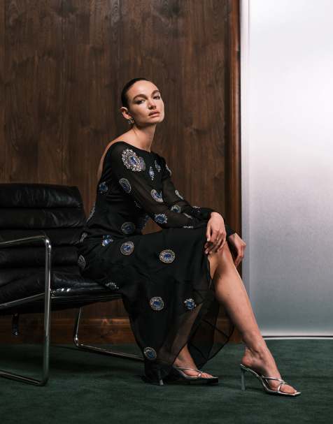 ASOS DESIGN slash neck embellished bias cut maxi dress with all over motif embellishments in black - view 1