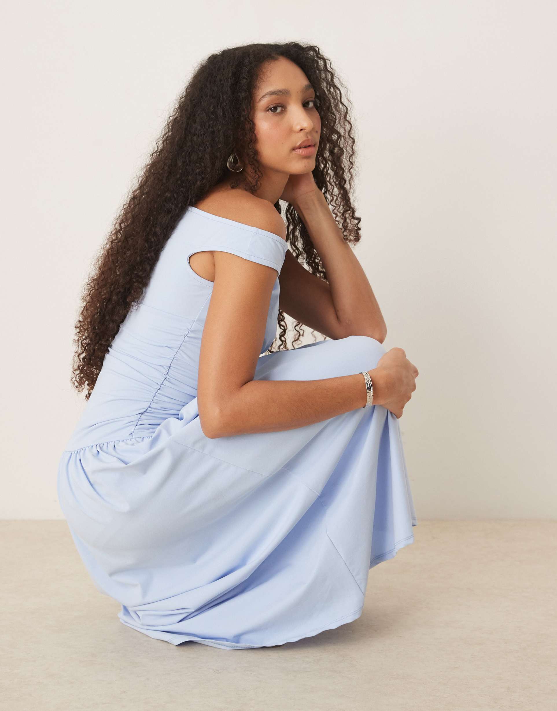asos design slash neck fitted waist midi dress in baby blue