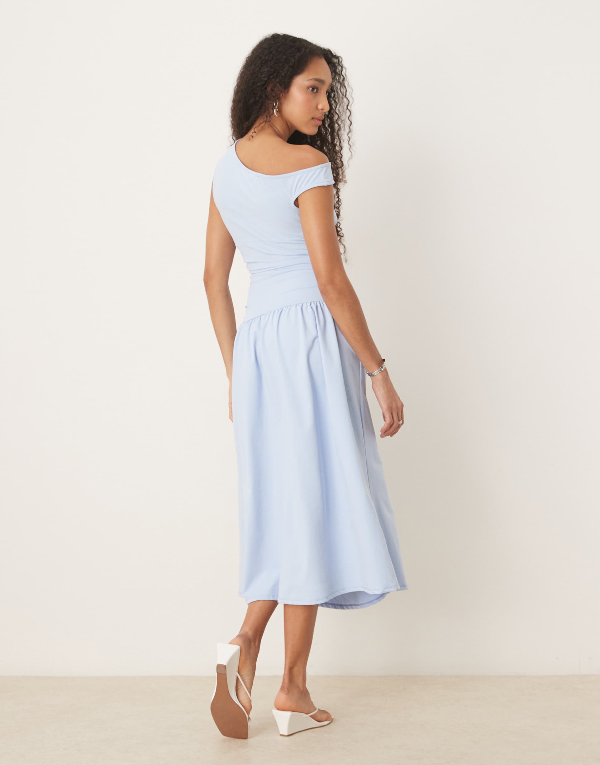 asos design slash neck fitted waist midi dress in baby blue