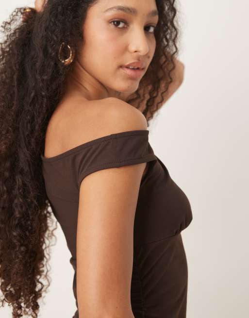 ASOS DESIGN slash neck fitted waist midi dress in brown, 2 of 4