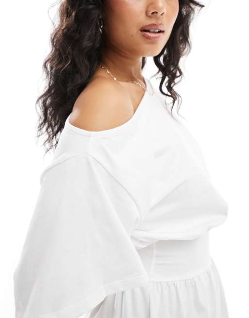 ASOS DESIGN slash neck flippy mini t-shirt dress in white, 3 of 4