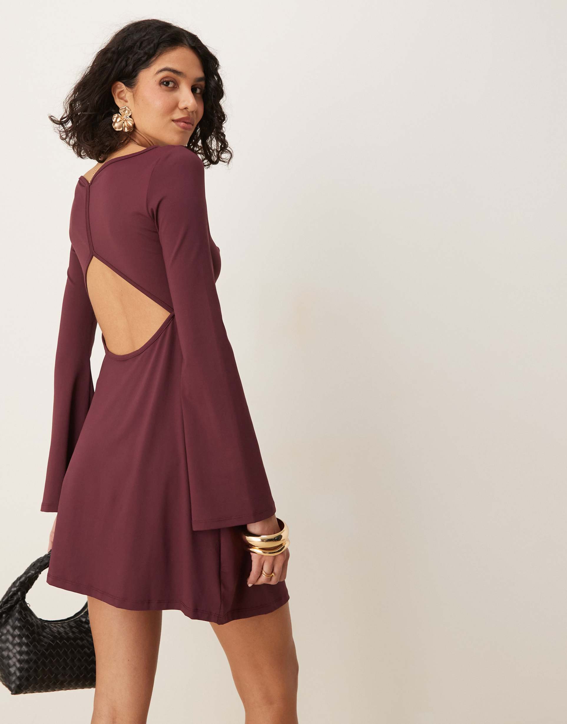 asos design slash neck flute sleeve mini dress with back detail in plum