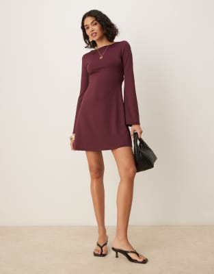 Asos Design Slash Neck Flute Sleeve Mini Dress With Back Detail In Purple