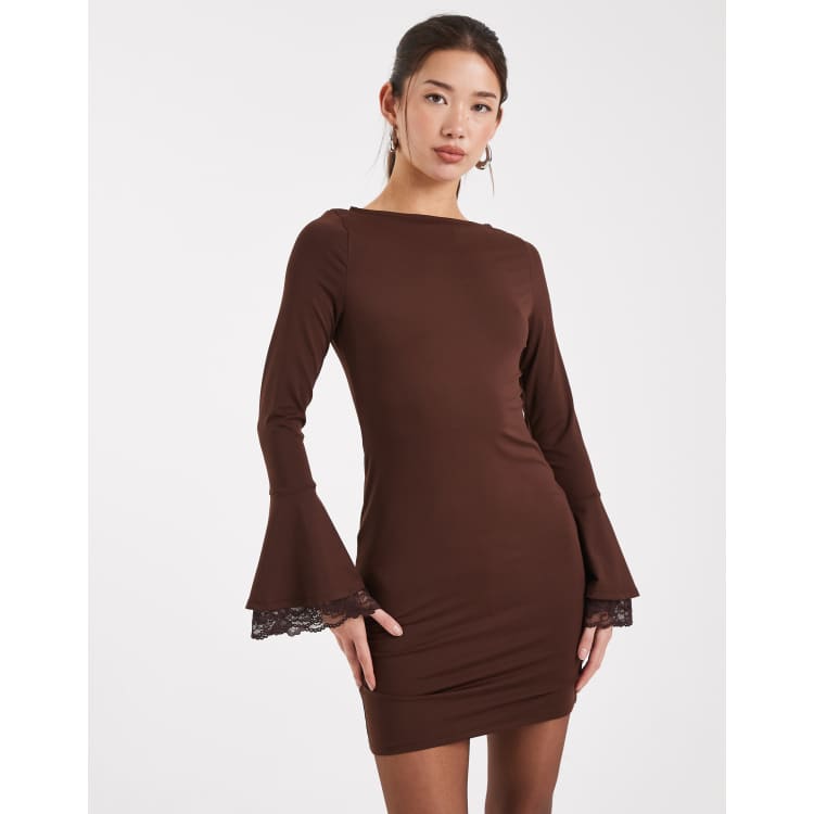ASOS DESIGN slash neck fluted lace sleeve mini dress in chocolate | ASOS