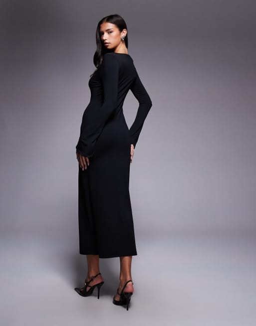 ASOS DESIGN slash neck fluted sleeve maxi dress in black, 3 of 4