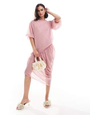 Asos Design Slash Neck Gathered Asymmetric Midi Dress In Rose Pink
