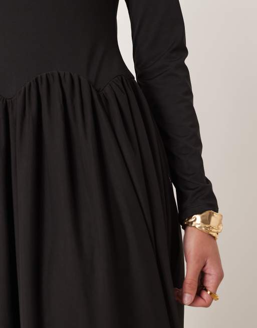 ASOS DESIGN slash neck hybrid scalloped waist detail midi dress in black