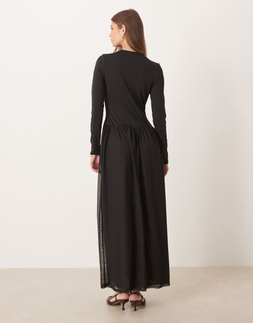 ASOS DESIGN slash neck hybrid scalloped waist detail midi dress in black