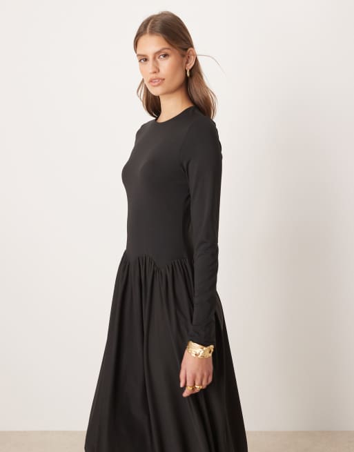 ASOS DESIGN slash neck hybrid scalloped waist detail midi dress in black