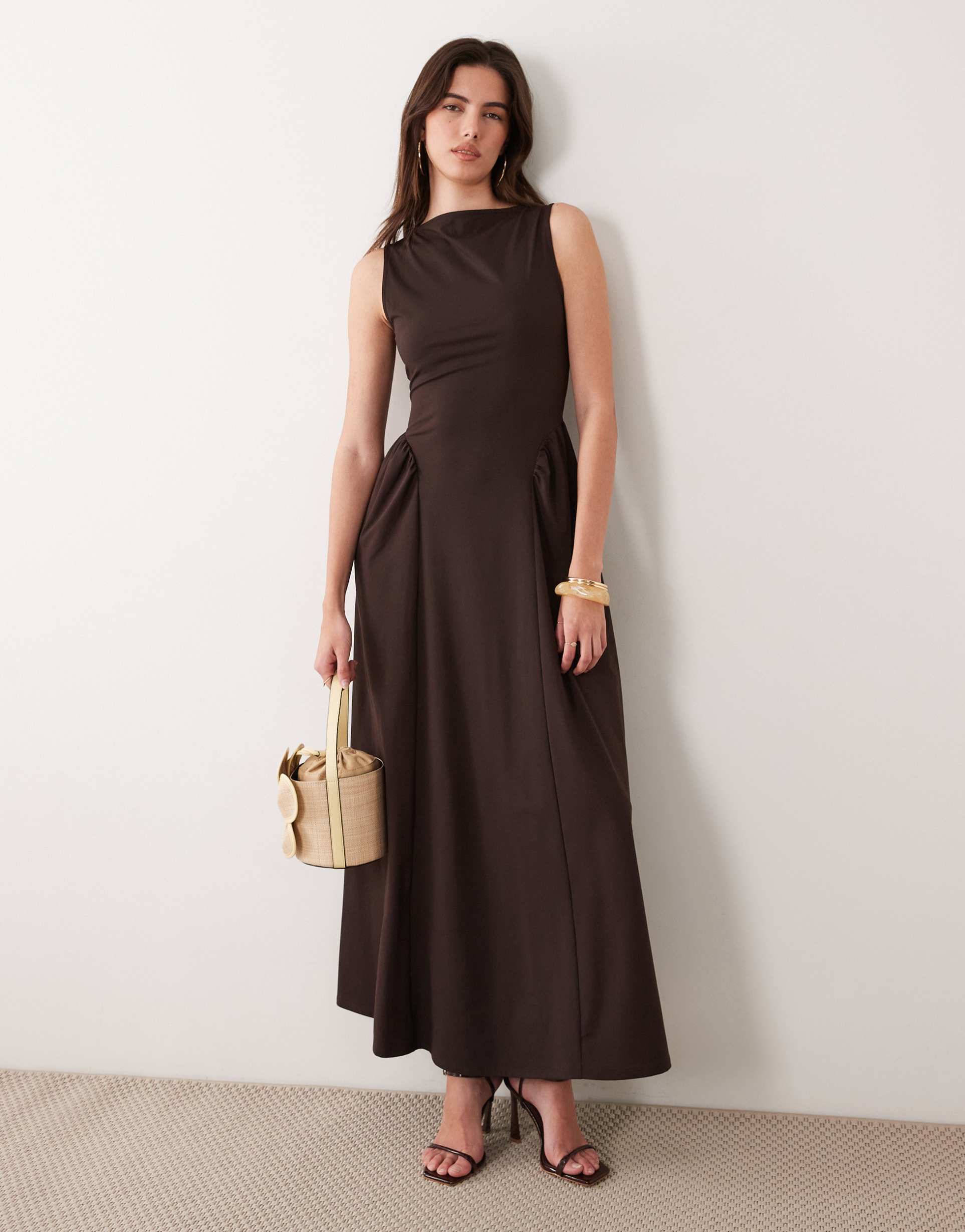 asos design slash neck jersey midaxi dress in chocolate