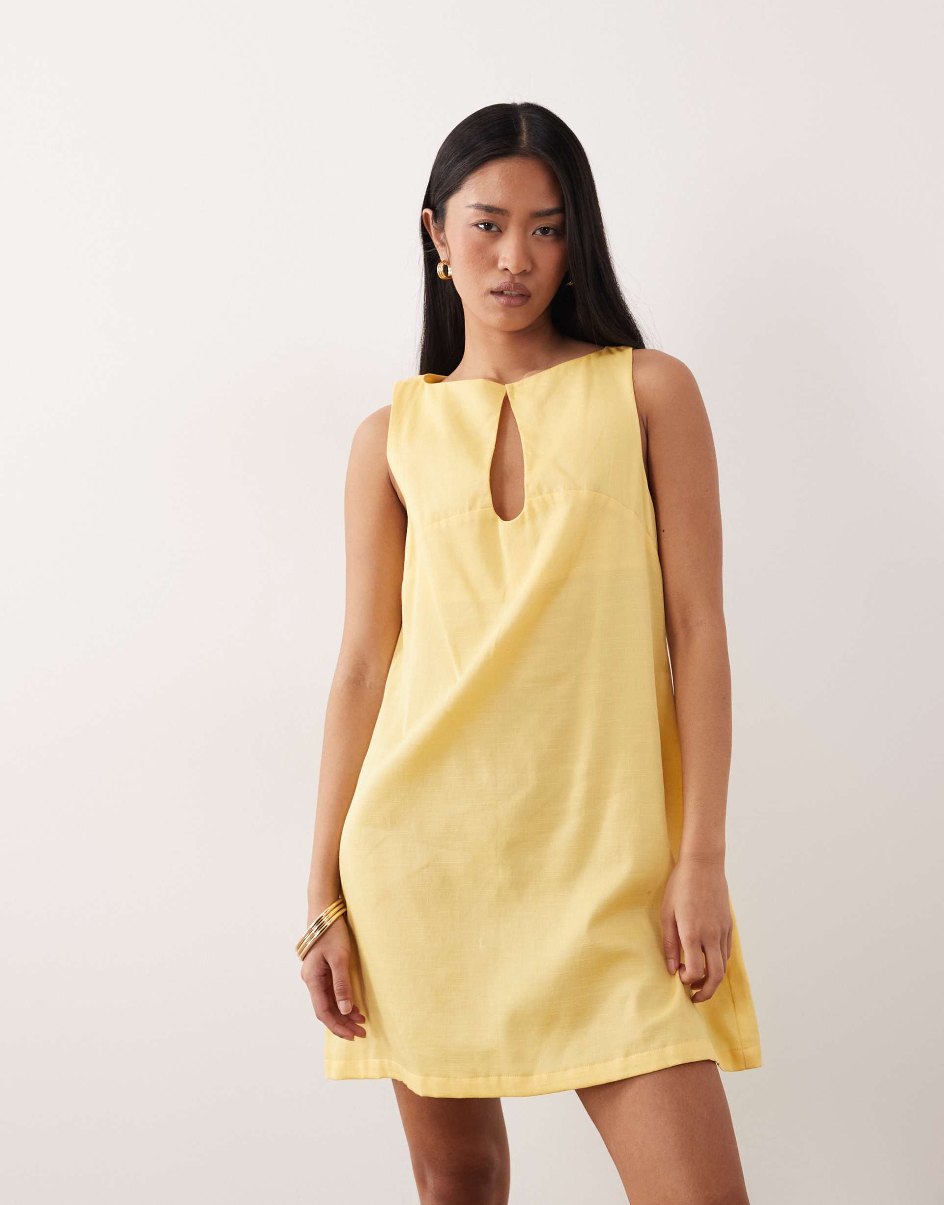 asos design slash neck keyhole mini sundress in lemon zest