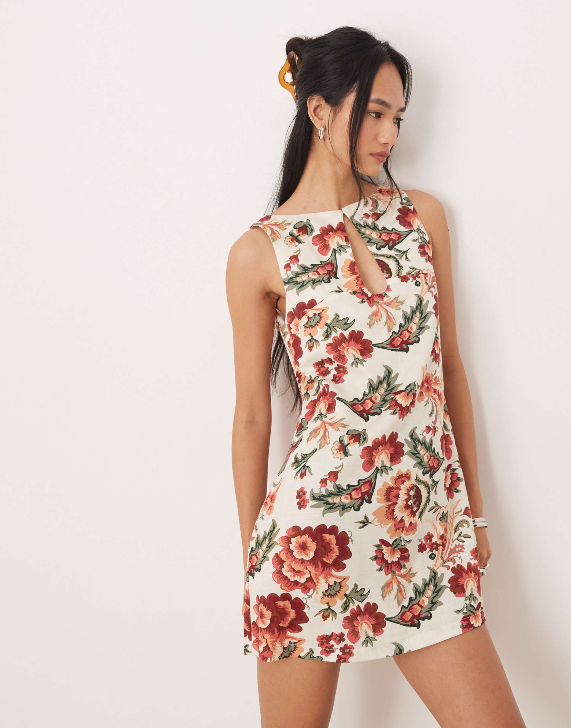 asos design slash neck keyhole mini sundress in vintage floral print