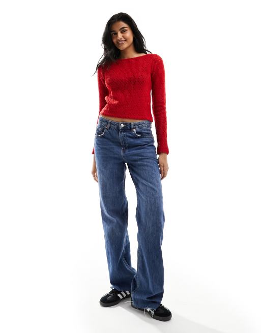 ASOS DESIGN slash neck knitted top in red | ASOS