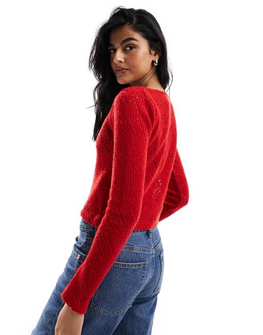 ASOS DESIGN slash neck knitted top in red | ASOS
