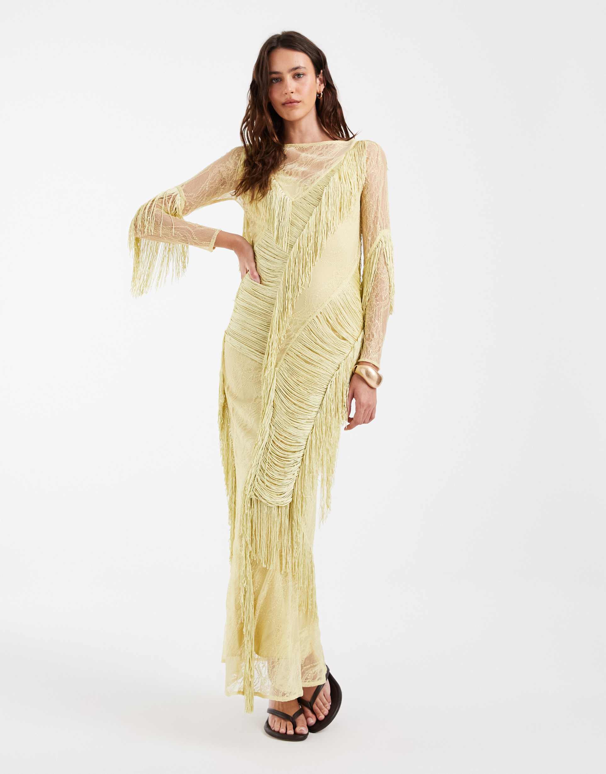 asos design slash neck lace fringe detail maxi dress with open back in light olive