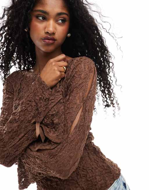 ASOS DESIGN slash neck lace top with bow detail in brown