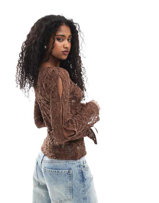 ASOS DESIGN slash neck lace top with bow detail in brown