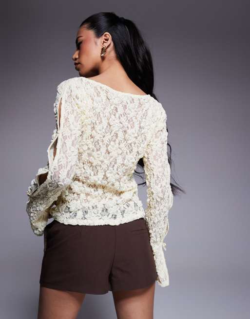 ASOS DESIGN slash neck lace top with bow detail in buttermilk