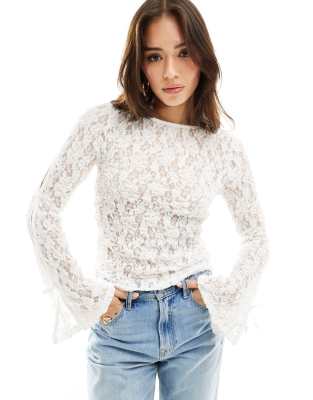 Asos Design Slash Neck Lace Top With Bow Detail In Ivory-white