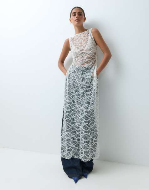 ASOS DESIGN slash neck long sequin top in white