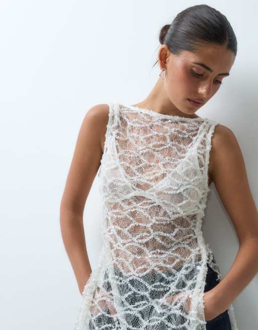 ASOS DESIGN slash neck long sequin top in white, 2 of 5