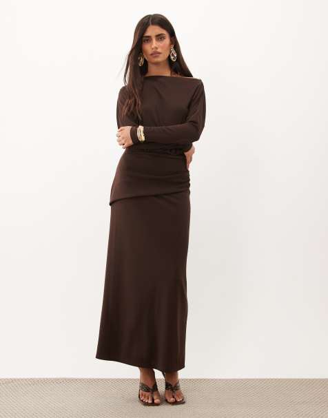 ASOS DESIGN slash neck long sleeve blouson midi dress in chocolate - view 1