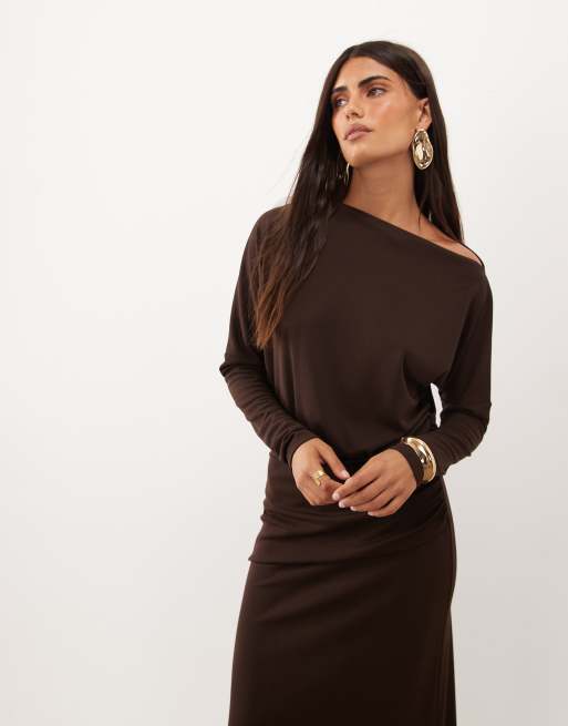 ASOS DESIGN slash neck long sleeve blouson midi dress in chocolate, 2 of 4