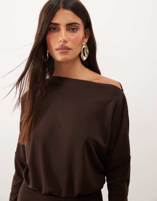 ASOS DESIGN slash neck long sleeve blouson midi dress in chocolate, 3 of 4