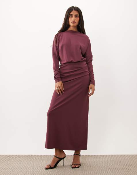 ASOS DESIGN slash neck long sleeve blouson midi dress in mauve - view 1