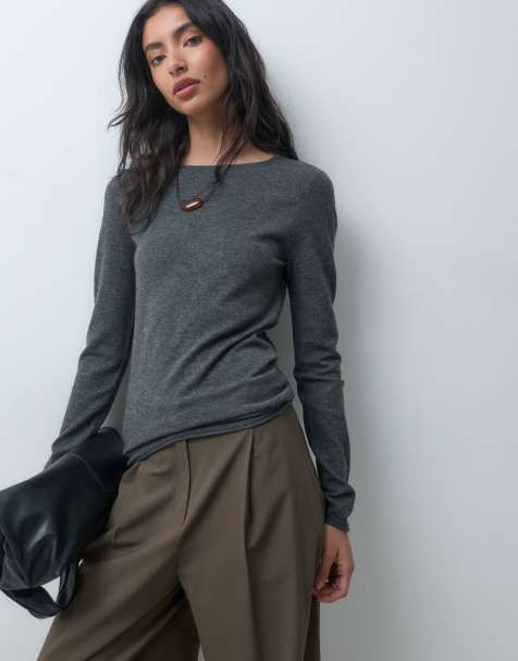 ASOS DESIGN slash neck long sleeve fine gauge top in charcoal - view 1
