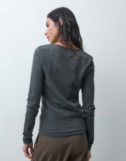 ASOS DESIGN slash neck long sleeve fine gauge top in charcoal, 4 of 4