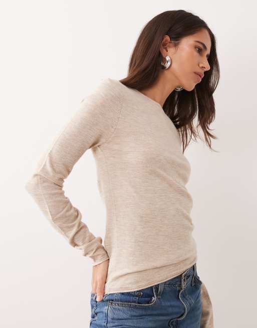ASOS DESIGN slash neck long sleeve fine gauge top in oatmeal, 3 of 4
