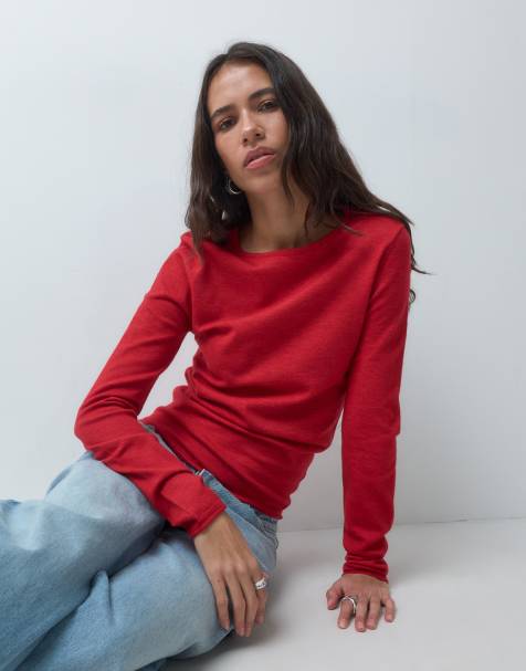 ASOS DESIGN slash neck long sleeve fine gauge top in red - view 1