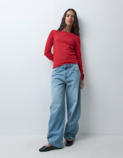 ASOS DESIGN slash neck long sleeve fine gauge top in red, 3 of 4