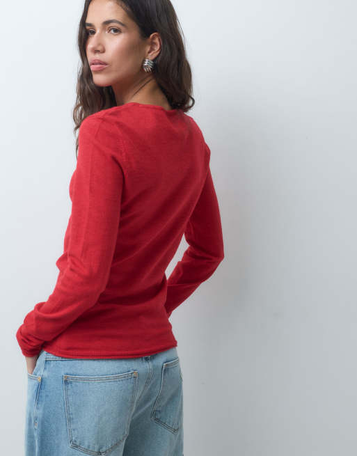 ASOS DESIGN slash neck long sleeve fine gauge top in red, 4 of 4