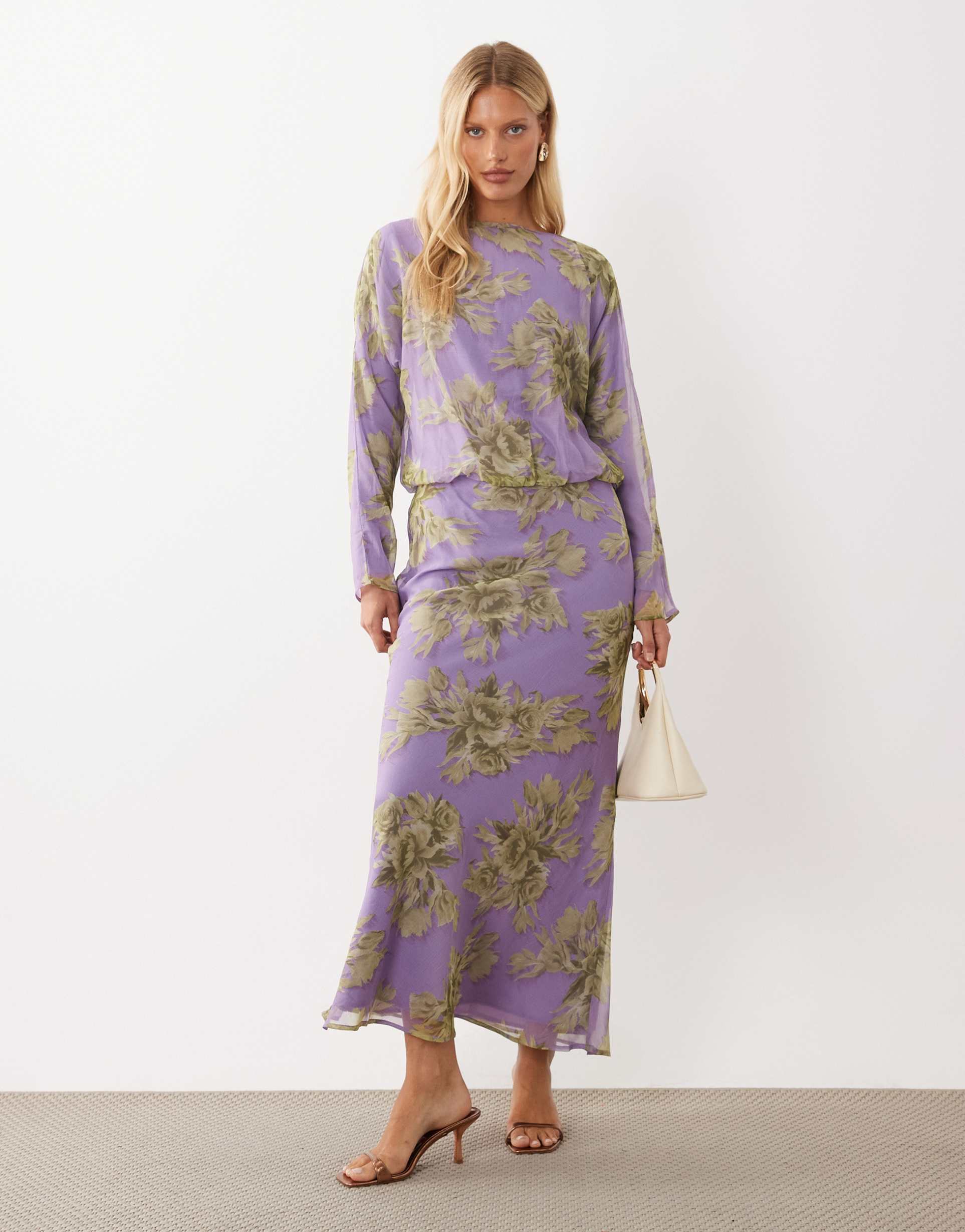 asos design slash neck long sleeve maxi dress in green and purple floral print