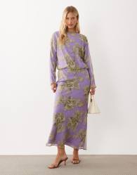ASOS DESIGN slash neck long sleeve maxi dress in green and purple floral print