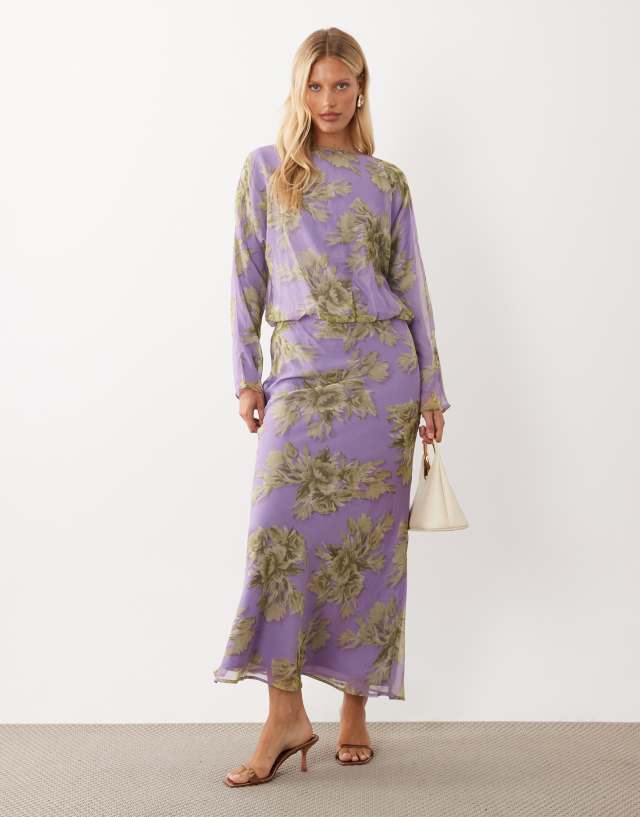 green and purple maxi dress ASOS DESIGN slash neck long sleeve in floral print bridesmaid dress