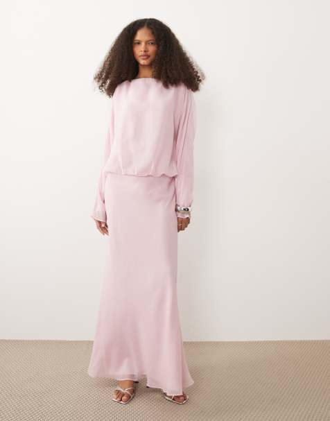 ASOS DESIGN slash neck long sleeve maxi dress in soft pink - view 1