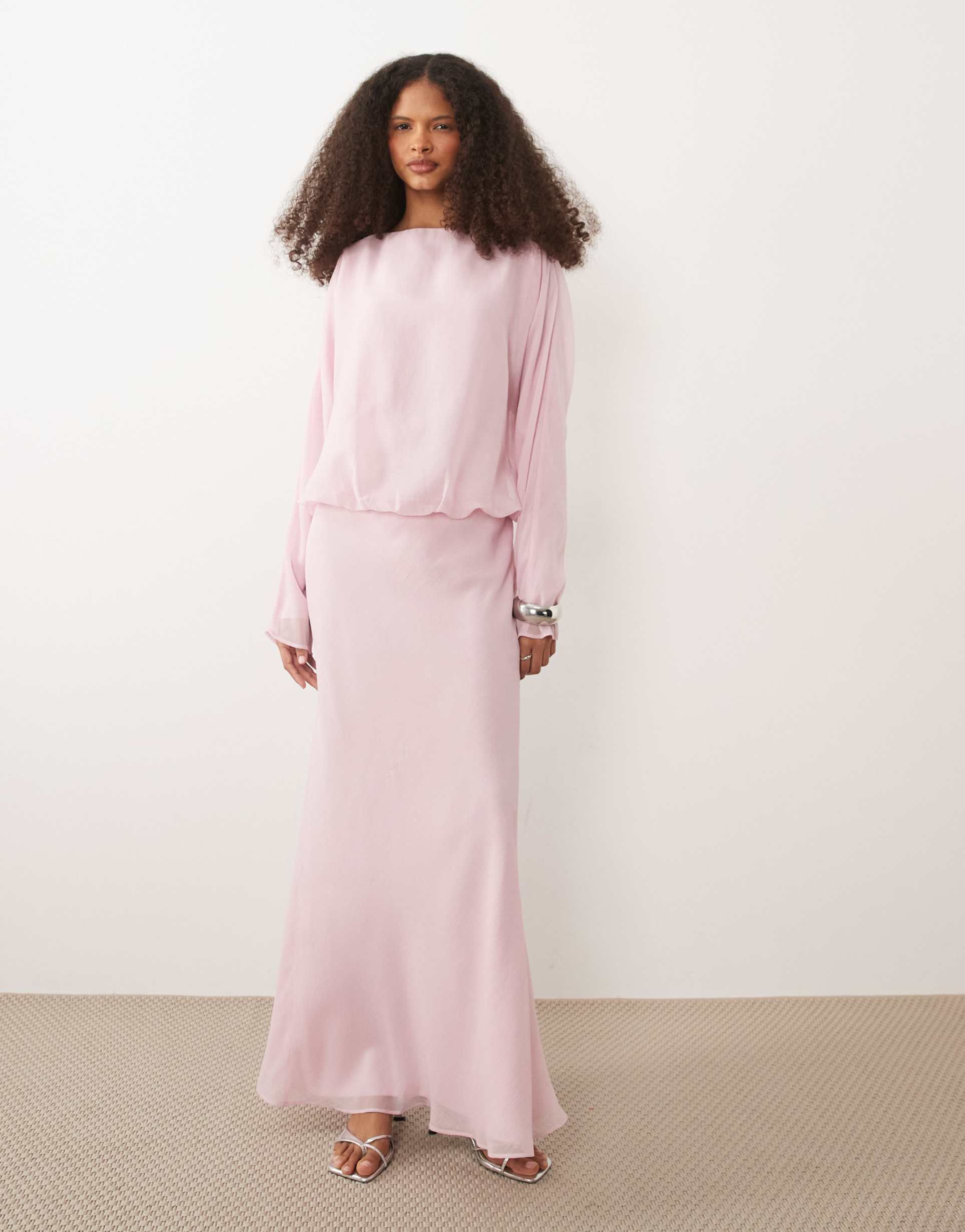 asos design slash neck long sleeve maxi dress in soft pink
