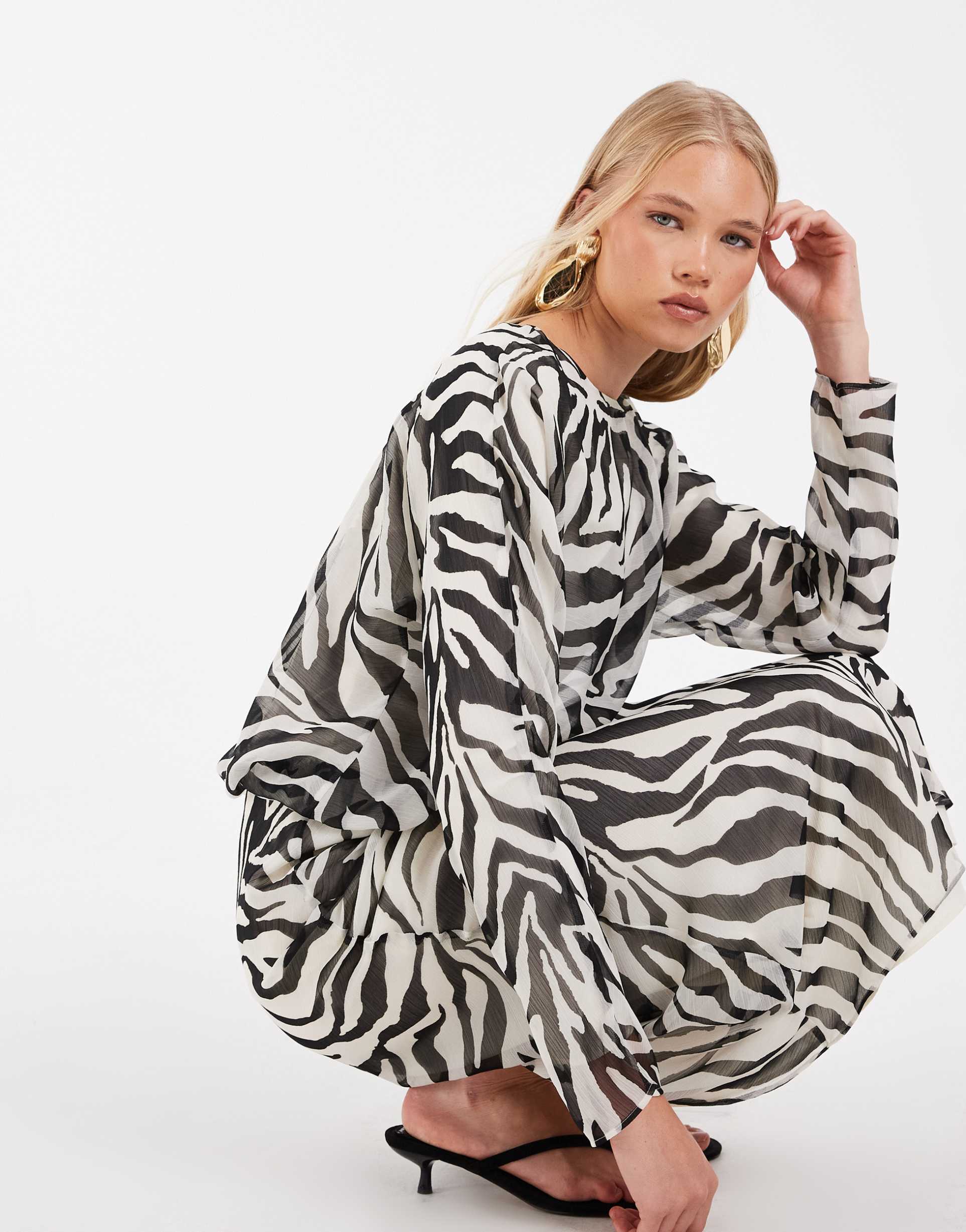 asos design slash neck long sleeve maxi dress in zebra print