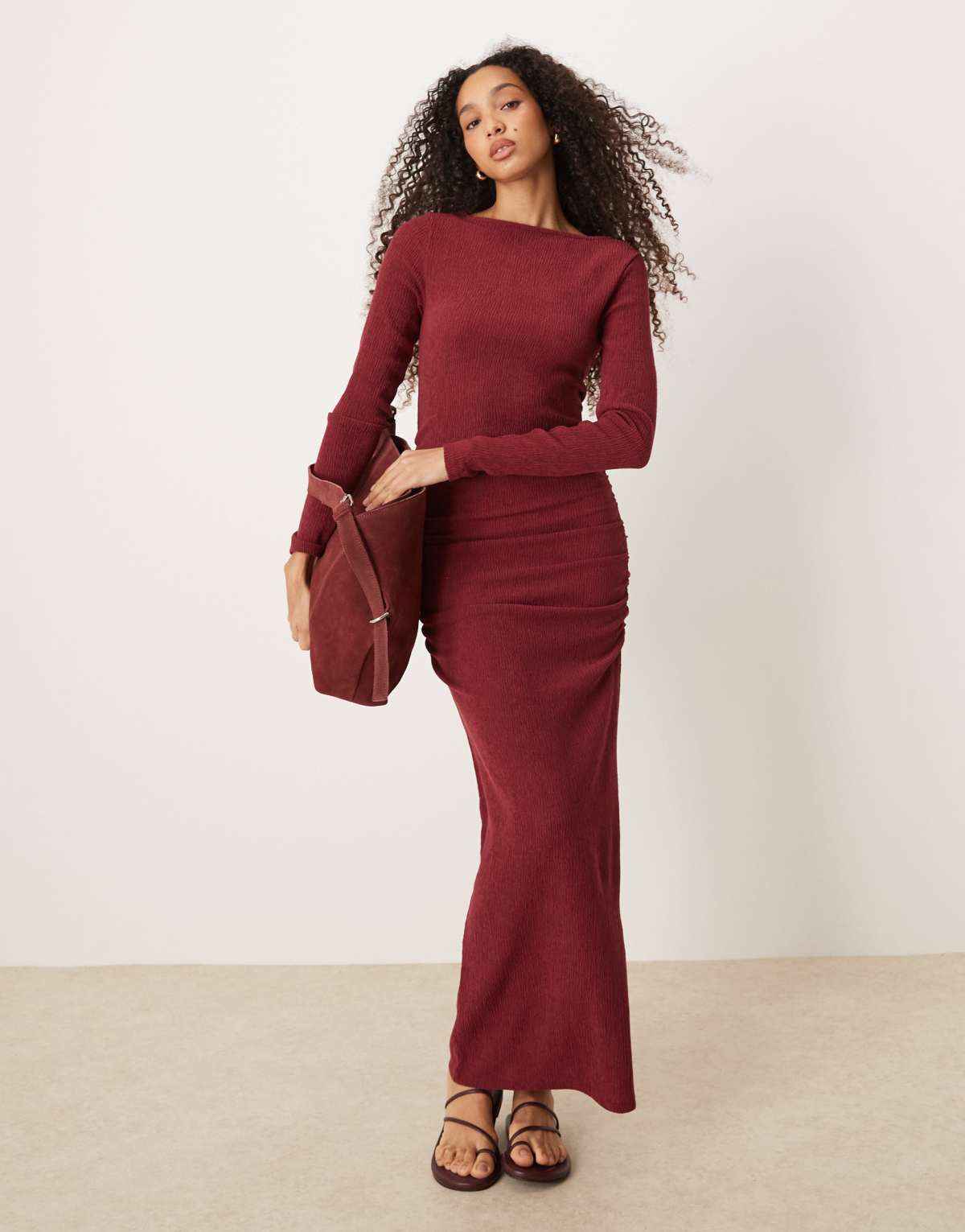 ASOS DESIGN slash neck long sleeve ruched textured midi dress in burgundy